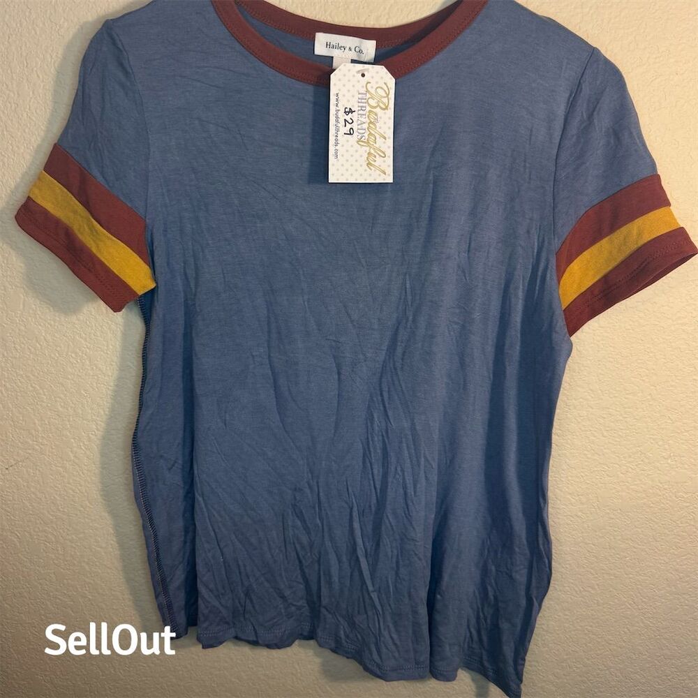 Junk Food Women's Blue Striped Sleeve Retro Tee Size S Casual